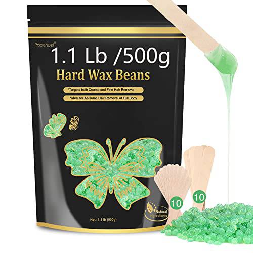 Hard Wax Beads for Hair Removal, Pearl Waxing Beads for Sensitive Skin, 1.1LB Painless Wax Beans for Brazilian Bikini, Eyebrow Facial for At Home Waxing with 20 Spatulas Women Mens (Aloe)