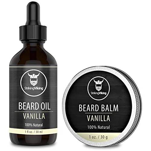 Striking Viking Beard Oil and Balm - Leave in Beard Conditioner - Tames, Styles, Softens, and Moisturizes Beards and Mustache - Made with All Natural and Organic Argan and Jojobo Oils, Vanilla