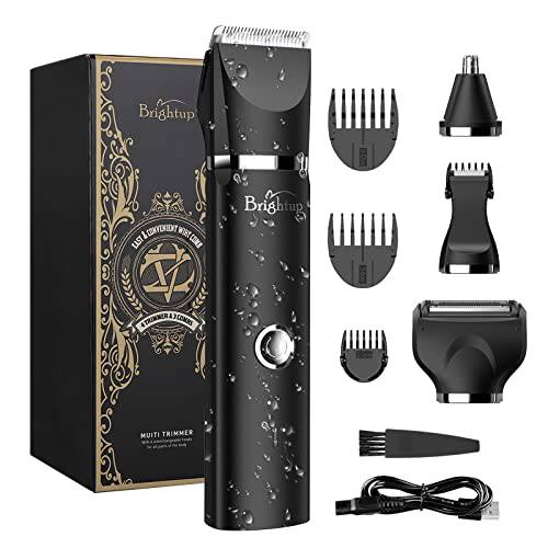 Brightup Trimmer for Men, IPX7 Waterproof Wet / Dry Pubic Ball Nose Body Hair Facial Shaver with LED Light, Electric Razor for Men with 4 Replaceable Blade Heads & Storage Bag, Gifts for Men