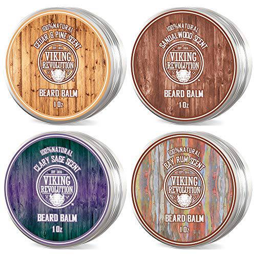 Viking Revolution 4 Beard Balm Variety Pack (1oz Each)- Sandalwood, Pine & Cedar, Bay Rum, Clary Sage- Styles, Strengthens & Softens Beards & Mustaches - Leave in Conditioner Wax for Men