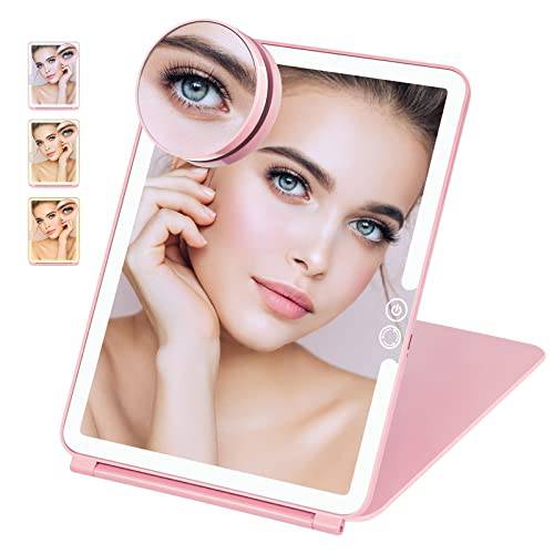 Buqikma Travel Makeup Mirror with Light, Folding Lighted Makeup Mirror with Magnification 72 LEDs 3 Color Travel Vanity Mirror with a Pocket Mirror for Cosmetic(Pink)