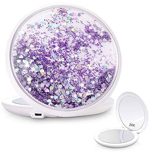 B Beauty Planet Compact 20X Magnifying Mirror with Light,5-Inch,LED Travel Compact Mirror, Liquid Bling Glitter Quicksand Portable Folding Mirror with Lights