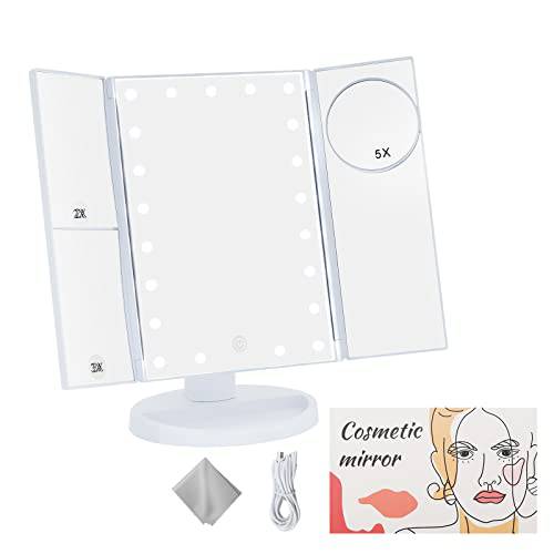 Essbhach Makeup Mirror with Lights, Vanity Desk Mirror 1/2/3/5X Magnifications, 21 LED Trifold Mirror and Touch Screen, 180 Degree Vanity Mirror, Gift for Women, White