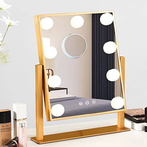 BWLLNI Vanity Mirror with Lights, Hollywood Mirror Lighted Makeup Mirror with 9 LED Bulbs, Touch Control Design 3 Colors Dimmable Bulbs Detachable 10X Magnification 360°Rotation(Gold)