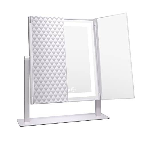 Hansong Trifold Vanity Mirror with Lights Light up Makeup Mirror with an Extra Round 10X Magnifying, Tri Fold Lighted Vanity Mirror with LED Lights Touch Screen 360 Rotation
