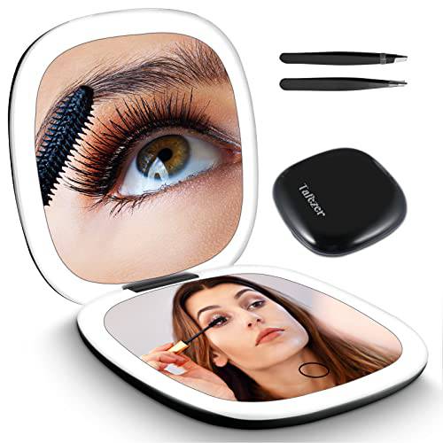Tafezer Compact Mirror，Travel Makeup Mirror with 1x/10x Magnification , Small Mirror with Double Sided LED Lighted ，Touch Switch Dimmable ,USB Charging，4inch(Black) for Women