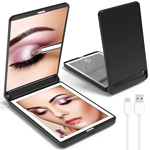 [2023 Latest] Travel Mirror with Light, 1X/3X Magnification Lighted Pocket Mirror, Touch Switch Compact Mirror with LED Light, 2-Sided, Portable, Folding, Handheld, Small Compact Mirror(Black)