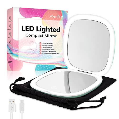 merifun Lighted Compact Mirror 2-Sided 1X/10X Magnifying Mirror-USB Charging, Touch Screen, 56 LED Lights, 3-Colors & Brightness Dimmable, Portable 4 inch Folding for Travel On The Go (Aqua), Green