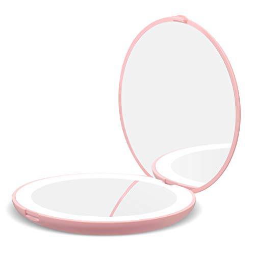 LIANGDU Lighted Compact Mirror with Magnification, 10x Magnifying LED Mini Mirror with Light for Travel and Purse, Pocket Makeup Mirror 3.5 inch Portable Folding Mirror, Women Birthday Gift