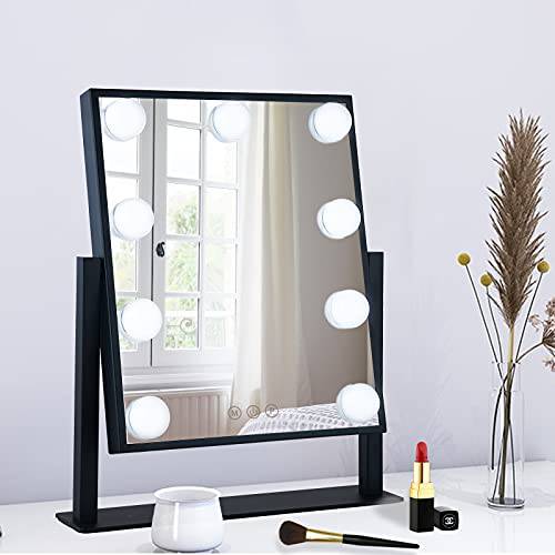 BWLLNI Lighted Makeup Mirror Hollywood Mirror Vanity Mirror with Lights, Touch Control Design 3 Colors Dimable LED Bulbs, Detachable 10X Magnification, 360°Rotation, Black.
