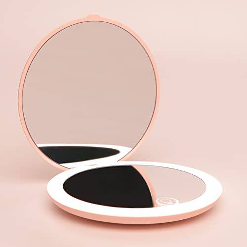 LED Lighted Compact Mirror, 1X/5X Magnification Sensing Lighting Travel Makeup Mirror, 4.05 Inch Brightness Adjustable Handheld 2-Sided Mirror, Folding Travel Mirror for Handbag, Purse, Pocket, Pink