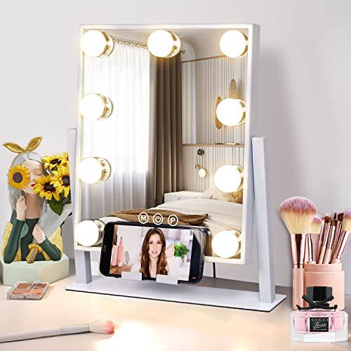 Vanity Mirror with Lights,Makeup Mirror Lights,Small Lighted Hollywood Mirror with 10x Magnification & Phone Holder,9 Dimmable LED Bulbs,Touch Control,3 Color Modes,360°Rotation,Metal Frame,White