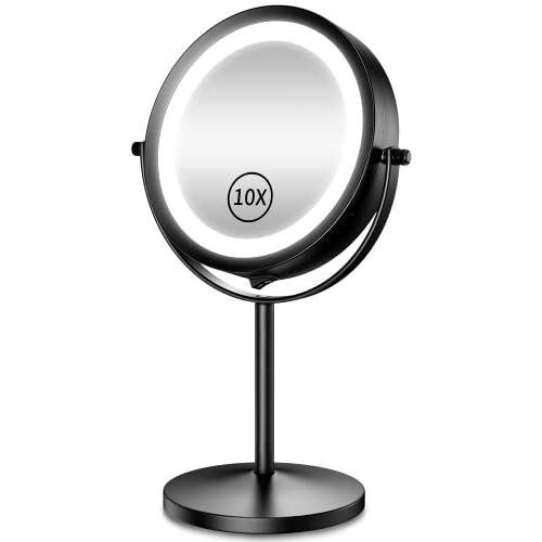 Benbilry Lighted Makeup Mirror, 1x/10x Magnifying Double Sided LED Vanity Mirror with Lights and Magnification, Battery Operated 360° Swivel 7” Cordless Shaving Mirror for Bathroom Bedroom(Black)