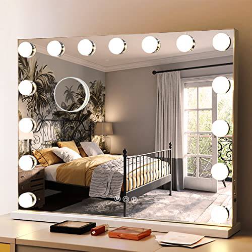 COOLJEEN Hollywood Vanity Mirror with Lights Lighted Vanity Mirror with15 Dimmable LED Bulbs 3 Color Lighting,Adjustable Brightness USB Charging Port ,23x18 Inch
