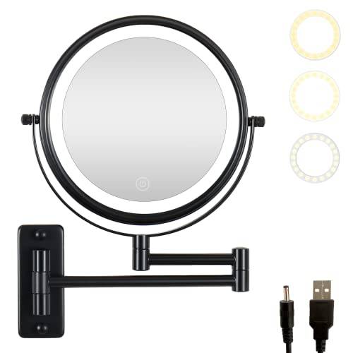 mumianshu Vanity Mirror with Lights, 8 in Hd 1x /10x Magnifying Mirror with Double Sided, Wall Mount Makeup Mirror with LED 3 Color Lights, Dimmable Touch Screen, Bathroom Lighted Cosmetic Mirror