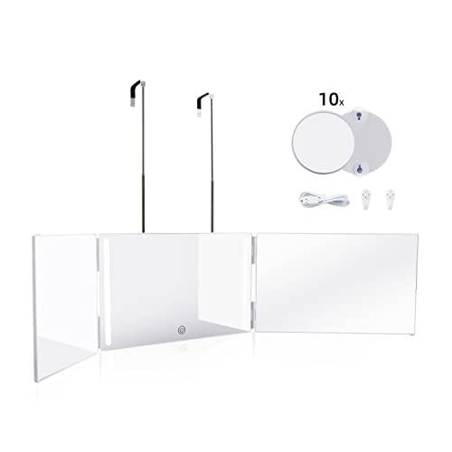 Essbhach 3 Way Mirror for Hair Cutting, 360 Barber Mirror for Women, Barber Supplies Shower 28 LED Mirror, Height Adjustable Hooks, Gift for Dad, White with LED and No Gift Box