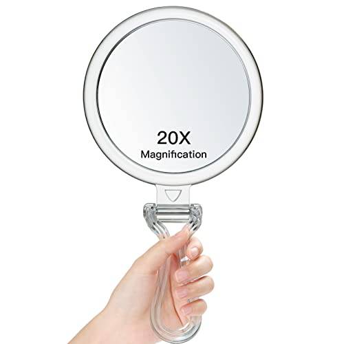 MIRORA Hand Held Mirror, Double-Sided 1X/20X Magnifying Makeup Mirror, Handheld Foldable Table and Travel Usage (Round 5inch)