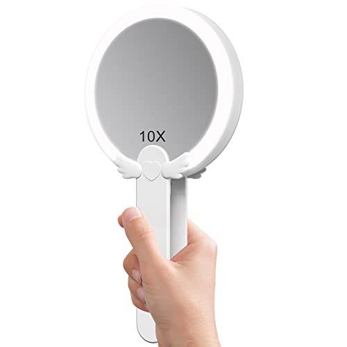 FASCINATE Handheld Mirror, 1x 10x Magnifying Makeup Mirror with Handle, Two Sided Mirror, 10X/1X Magnification Portable Small Mirror Rechargeable with Swivel Handle for Women
