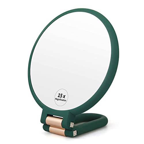 FUHUIM 1x 15x Magnifying Handheld Mirror, Double Sided Pedestal Magnification and True Image Makeup Mirror, Compact Size and Portable Vanity Cosmetic Mirror for Girl, 9.3 L x 1.9 W（Army Green）