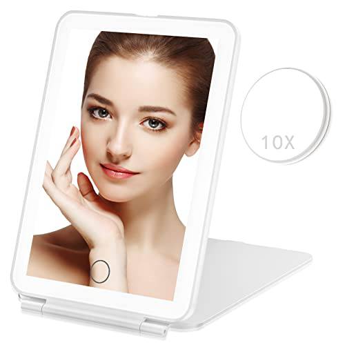 Mecion Makeup Mirror with 10X Magnifying Mirror, Vanity Mirror with 80 LED Lights, Compact LED Mirror, Portable Cosmetic Mirror with 3 Color Lights, Travel Accessories for Women (White)