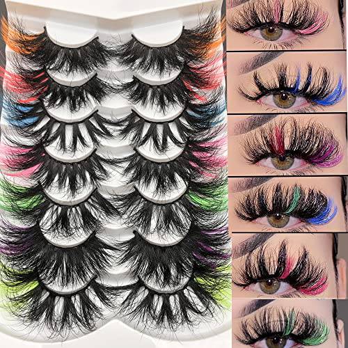 Mikiwi 25mm Colored Mink Lashes Pack, 7 Pairs Mix Color Drametic Long 25mm Real Mink Eyelashes With Color on end, Fluffy Mink Colored Eyelashes, Colorful Lashes With Orange/Red/Pink/Blue/Green/Purple on the end, Pack b