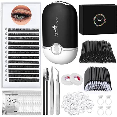 230PCS Eyelash Extension Supplies Kit with Fairy Lash Clusters 0.07D Curl Mix 8-15mm, USB Air Conditioning Blower, Lash Tweezers, Eye Gel Pads, Mascara Brushes, Micro Applicators Brushes for Beginners
