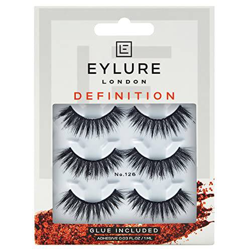 Eylure False Lashes, Definition No. 126 with Adhesive Included, 3 Pair, Black