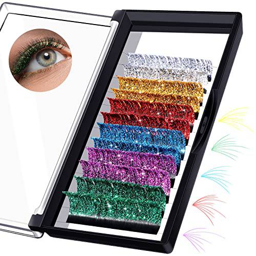 Halloween Colored Glitter Lash Extensions Glitter Eyelashes Colored Lash Halloween Colored Glitter Eyelashes Halloween Party Makeup Eyelashes (Multicolored,0.15 D Mix 15 mm-20 mm)
