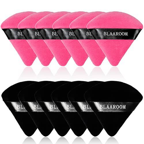 12 Pieces Velour Pure Cotton Powder Puff Face Makeup Triangle Powder Puffs for Loose Powder Wet Dry Cosmetic Foundation Beauty Sponge Makeup Tools -Black Rose Red