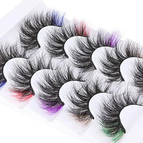 False Eyelashes with Color, ALPHONSE 5D Fluffy Faux Mink Colored Lashes Dramatic Decoration Eye Lashes Set for Cosplay Costumes 5 Pairs Pack