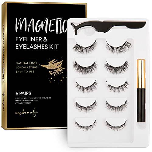 easbeautyNaturals Upgraded Magnetic Eyelashes with Eyeliner Kit, Magnetic Lashes Natural Kit, False Lashes 5 Pairs with Tweezers, Easy to Wear