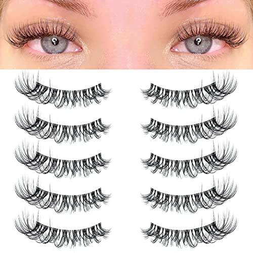 KSYOO Cat Eye Lashes Wispy Natural Look, D Curl 8-15mm Clear Band 3D Natural False Eyelashes Multipack, Soft Faux Mink Wispy Eyelashes, Wispy Effect - 5 (Clear Band A8)