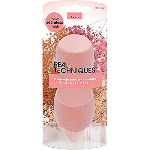 Real Techniques Miracle Powder Sponge, Microfiber Technology Ideal for Use with Powders, Beauty Sponge, Makeup Blender, Blends & Sets Makeup, Pink, 2 Count