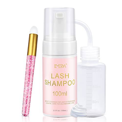 EMEDA Lash Shampoo for Lash Extensions 100ml Eyelash Extension Cleanser Oil Free Foam Soap Lash Bath for Eyelash Extensions Wash Oil Dustcare,Lash Cleaning Kit with Rinse Bottle Brush,Home Salon Use