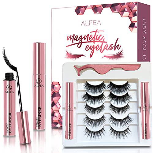 DUXEC Magnetic Lashes with Eyeliner and Tweezers, 5 Pairs Reusable Magnetic Eyelashes and 2 Tubes of Waterproof Magnetic Eyeliner Kit, [Upgraded] 3D Natural Look, Easy to Wear, No Glue Needed