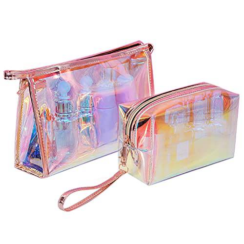 BESARME 2 Pcs Holographic Makeup Bag, Clear PVC Makeup Bag Iridescent Pouch Portable Zippered Toiletry Bag Waterproof Cosmetic Bags for Women Girls Bathroom Vacation