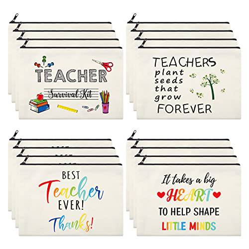 16 Pieces Teacher Appreciation Gifts Teacher Makeup Bags for Women Teacher Canvas Cosmetic Bags Thank You Gift Travel Toiletry Pouch Case Bags for Graduate Teacher Day Supplies, 4 Styles