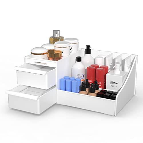 VZINO Drawer Makeup Organizer for Vanity, Large White Desk Organizer for Cosmetics, Skincare, or Stationery, Perfect for Bedroom and Office Countertops