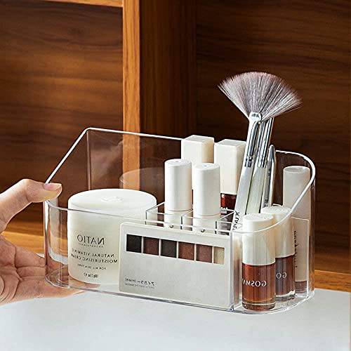 LINFIDITE Makeup Organizer Tray Bathroom Cabinet Cosmetic Storage Tray with 9 Compartments 2 Removable Dividers Lipgloss Organizer Makeup Display Tray Case for Beauty Essentials Crystal Clear