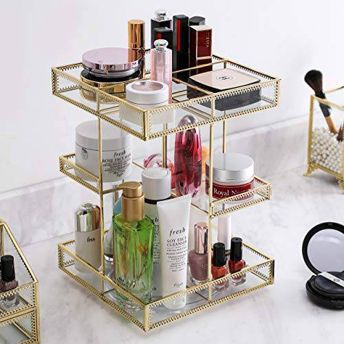 QL DESIGN 360 Degree Rotation Glass Makeup Organizer，Perfume Display Case and Cosmetic Storage ，Great for Bathroom, Dresser, Countertop （gold）