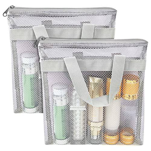 Shower Caddy Portable, Mesh Shower Caddy Tote Bag Quick Dry Hanging Toiletry and Bath Organizer for College Dorm, Gym, Beach, Travel or Camping with Zipper (2Pcs Grey)