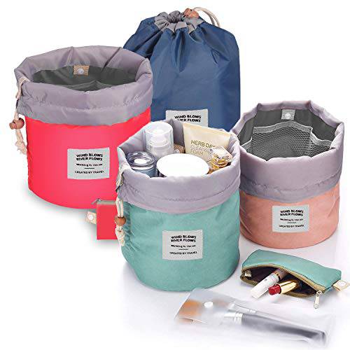STAY GENT 4 Pieces Barrel Shaped Travel Makeup Bags, Large Capacity Soft Waterproof Portable Drawstring Cosmetic Bag