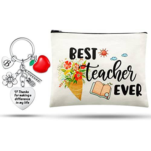 Christmas Teacher Appreciation Gifts in Bulk Best Teacher Ever Makeup Cosmetic Bag Keychain with Initial Graduation Back to School Christmas Gift for Teacher (M Style)