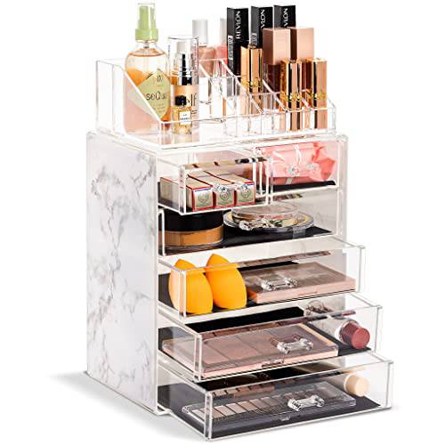 Sorbus Clear Cosmetic Makeup Organizer - Make Up & Jewelry Storage, Case & Display - Spacious Design - Great Holder for Dresser, Bathroom, Vanity & Countertop (4 Large, 2 Small Drawers) [Marble Print]