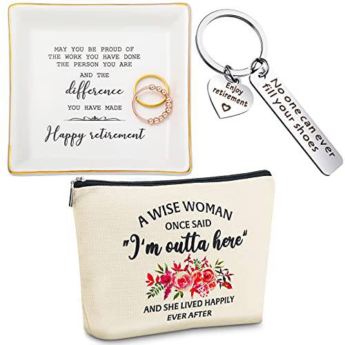 Weewooday Happy Retirement Present for Women Retirement Jewelry Tray Trinket Dish Retired Makeup Bag Cosmetic Pouch Retirement Keychain for Women Mom Coworkers Retirees
