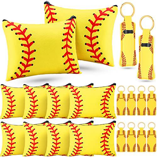 20 Pieces Softball Cosmetic Bag Portable Softball Makeup Bags Canvas Zipper Softball Bag Keychain Lipstick Holder Storage Case for Women, Girls, Team Player (Softball Style)
