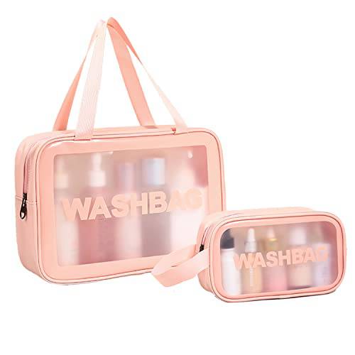 Cosmetic bag 2 pack small and large makeup bag,Travel Bags for Toiletries Transparent Makeup Bags with Zipper and Handle ,pink