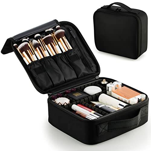 A&A Travel Makeup Train Case - Max Large Cosmetics Bag with Adjustable Dividers Suitcase Toiletry Organizer Box for Women or Girls Black