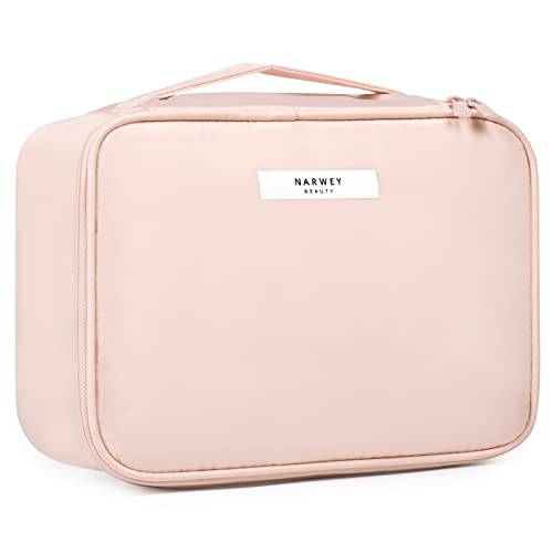 Narwey Travel Makeup Bag Large Cosmetic Bag Make up Case Organizer for Women and Girls (Soft Pink)