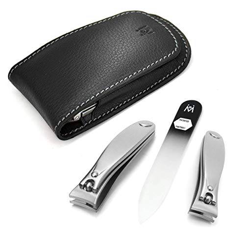 GERMANIKURE 3pc Travel Manicure Set - FINOX Stainless steel tools handmade in Solingen Germany: Fingernail Clipper, Toenail Clipper, Glass Nail file in Leather Case